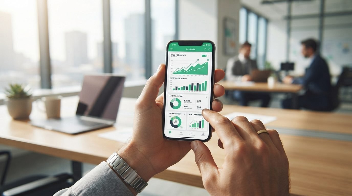 Empreendedor utilizando o simulador de crédito no smartphone para planejar o investimento no negócio.