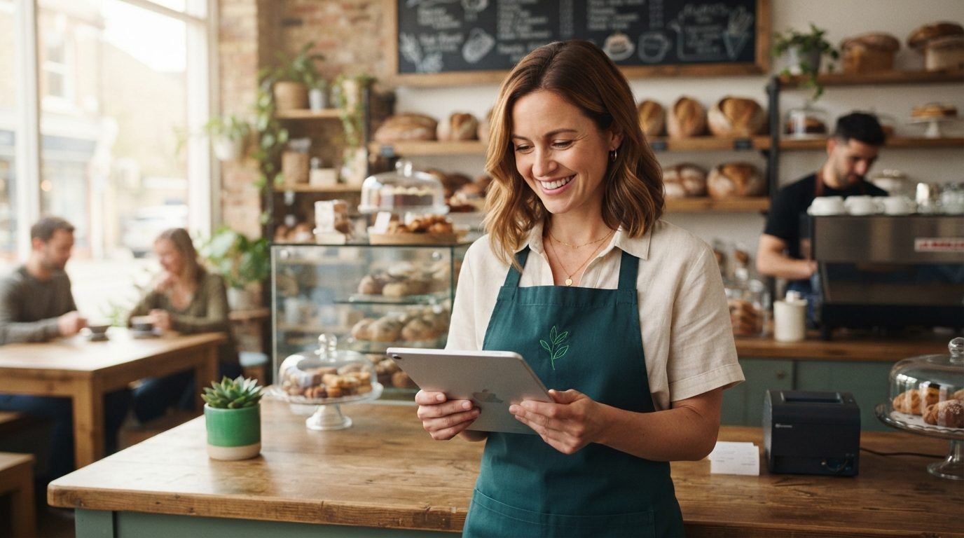 Empreendedor analisando capital de giro com restrição em um tablet dentro de sua empresa